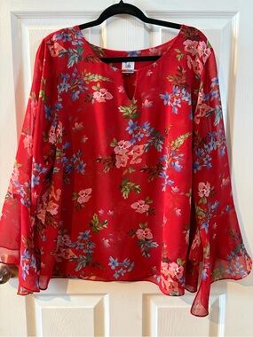 CAbi Red Floral Keyhole Bell Sleeve Blouse